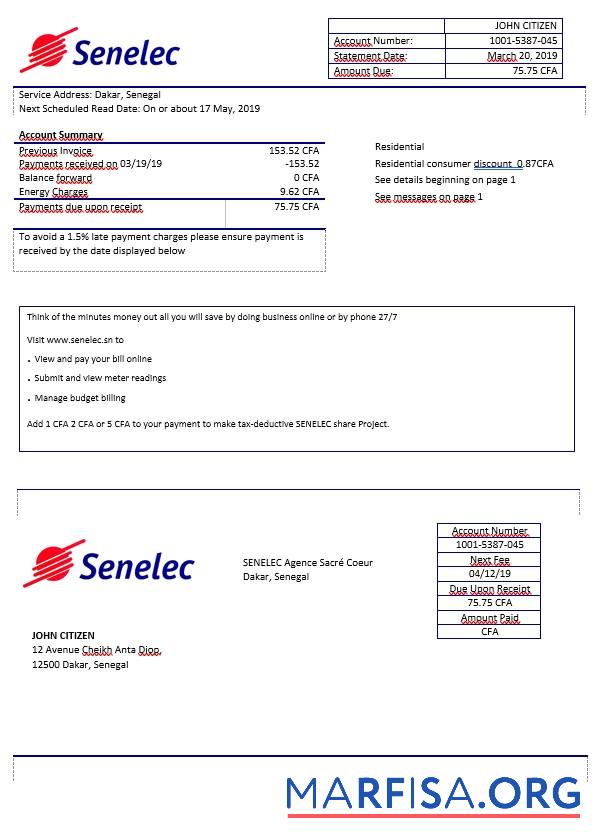 Printable Senegal Senelec Agence Sacré Coeur electricity bill in Word format sample